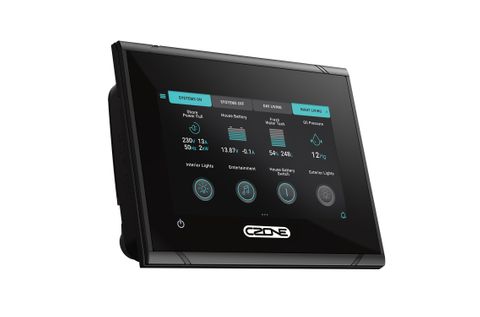 Angled view of the CZone Touch 5 touchscreen display highlighting its slim bezel and flush mount design