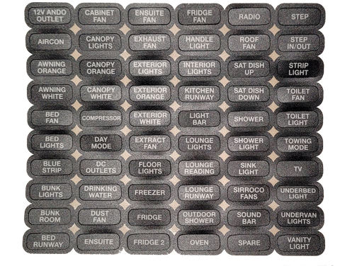 A sheet of sixty black waterproof oval labels with white text for CZone digital switch keypads