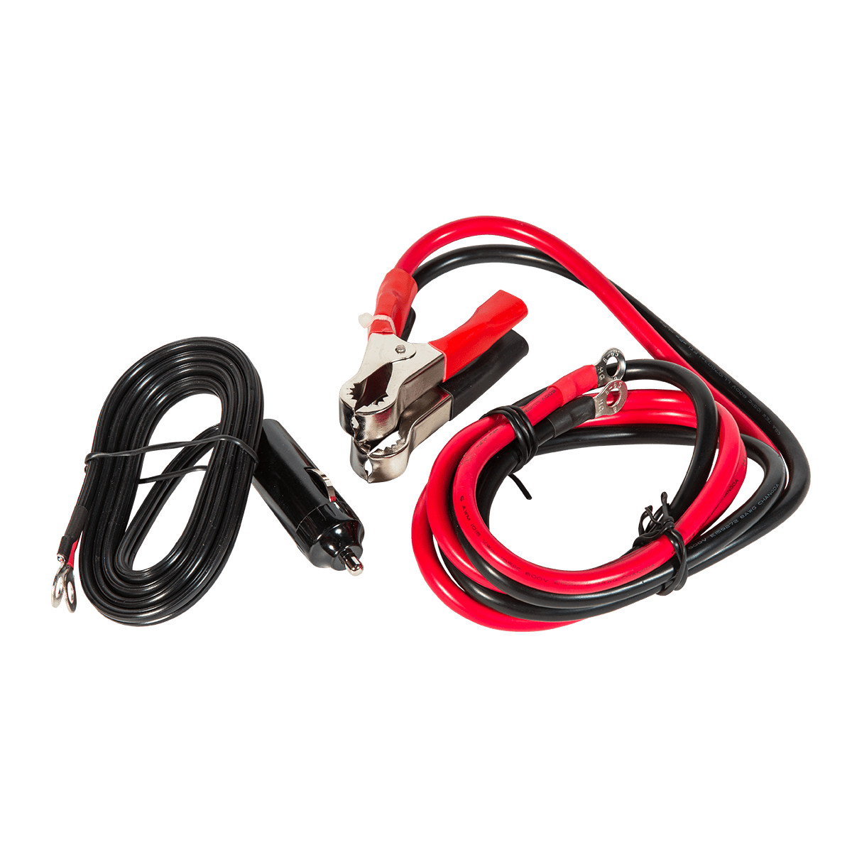 Set of DC connection cables including cigarette lighter plug and battery alligator clips