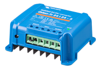 Side perspective of blue Victron DC-DC converter showing integrated cooling fins and mounting flange