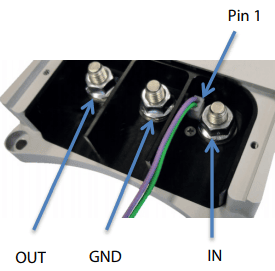 Close-up of high-current terminal studs and Pin 1 control wiring on a DC-DC converter