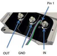 Close-up of high-current terminal studs and Pin 1 control wiring on a DC-DC converter