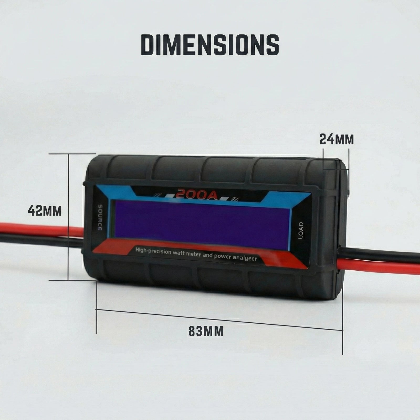 Technical drawing showing the 83mm by 42mm by 24mm dimensions of the watt meter