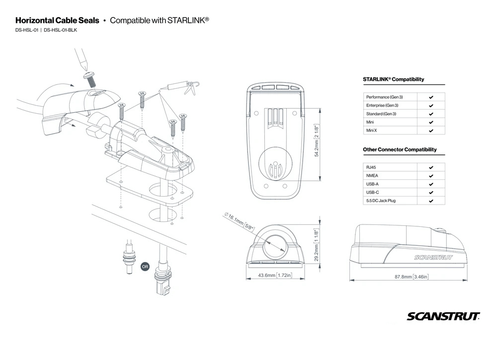 Dimensional drawing showing the 87.8mm length and 43.6mm width of the cable seal