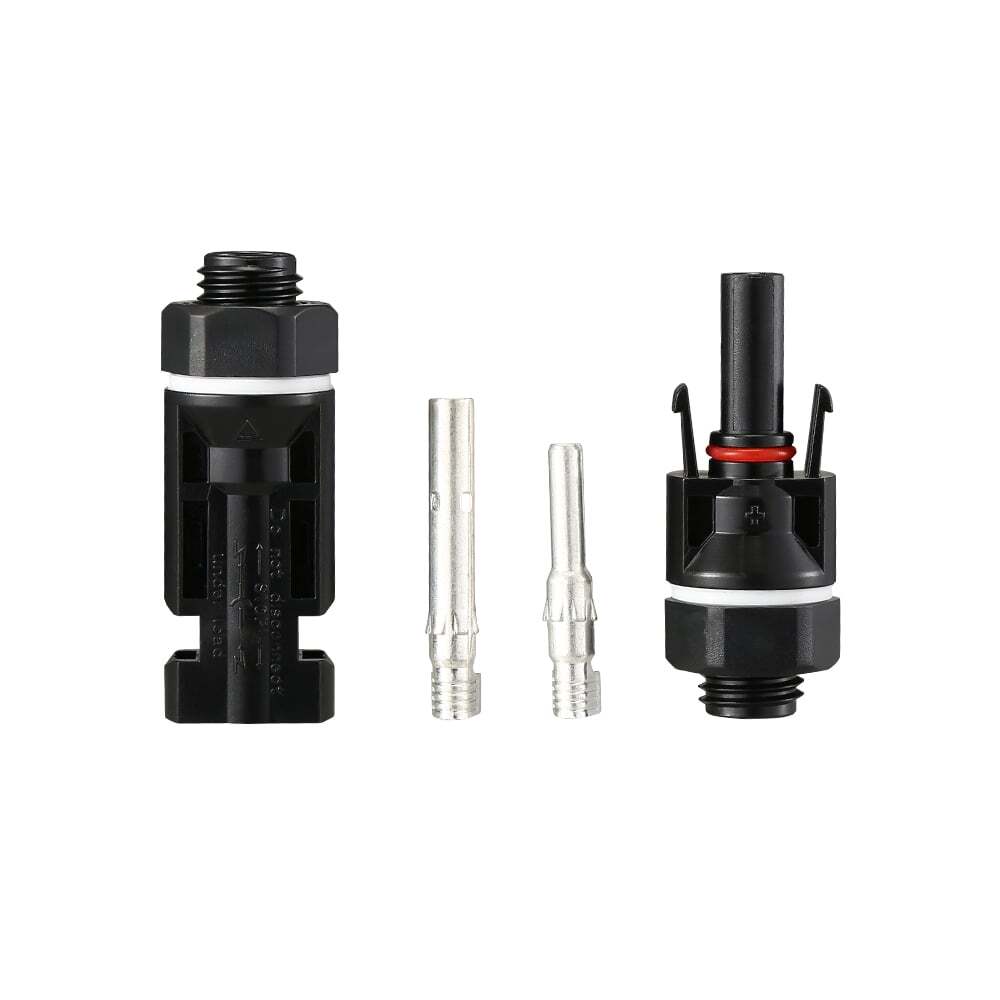 Disassembled panel mount solar connector set showing housings and metal terminals