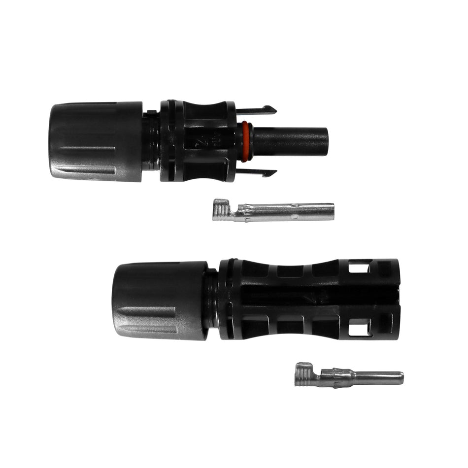 Disassembled male and female solar connector pair showing black housings and metal terminals