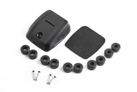 Component breakdown including multiple rubber bungs, mounting plate, gasket, and screws