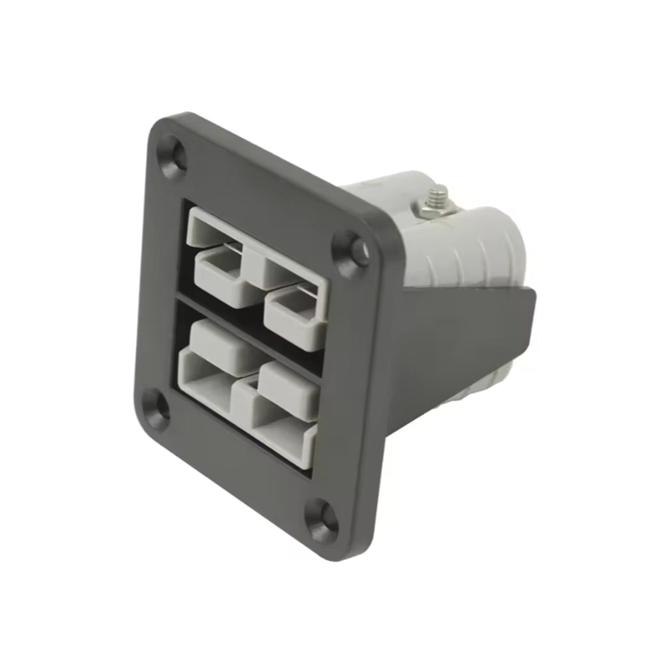 Angled front view of flush mount panel featuring dual stacked 50A grey power connectors