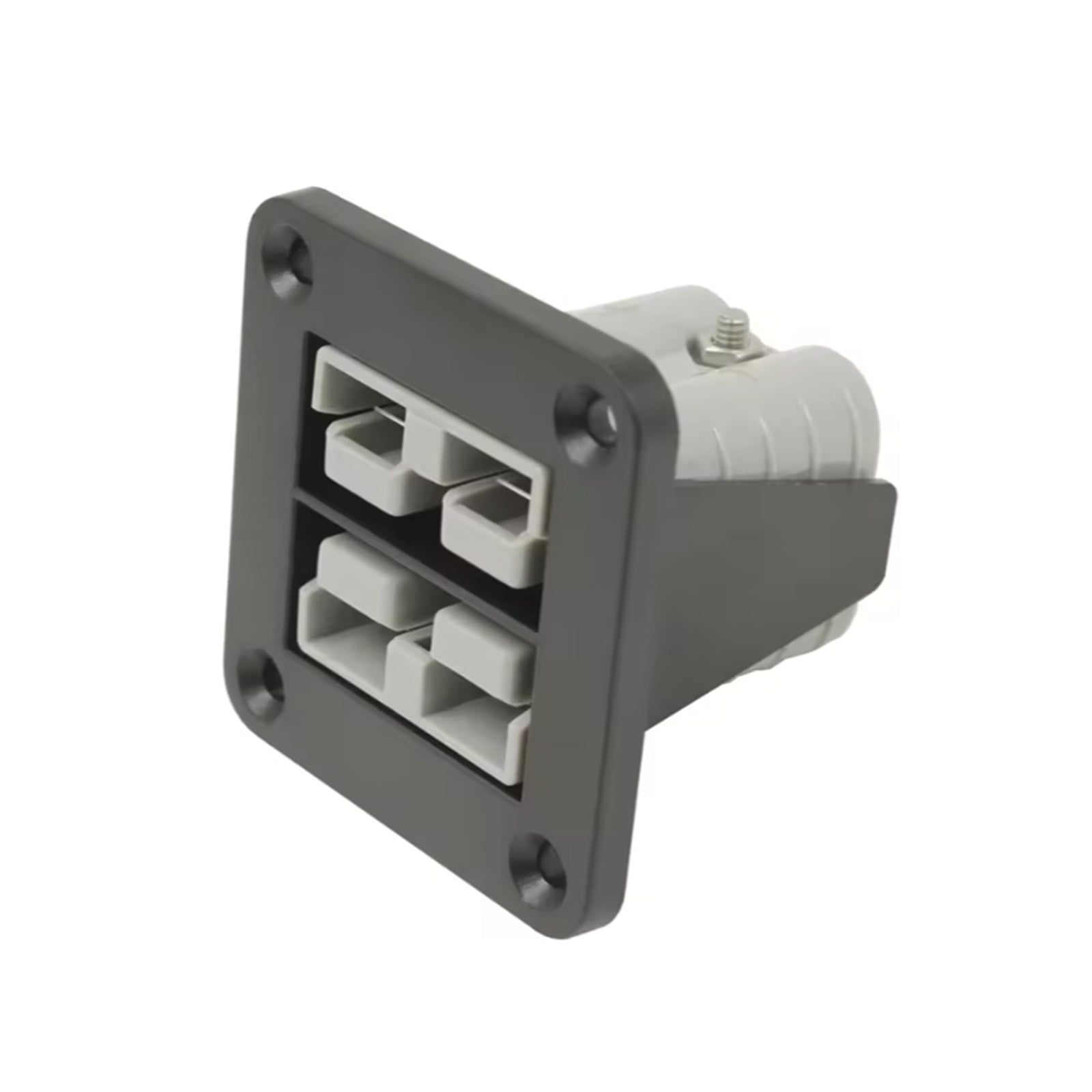Angled front view of flush mount panel featuring dual stacked 50A grey power connectors