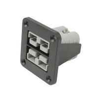 Angled front view of flush mount panel featuring dual stacked 50A grey power connectors