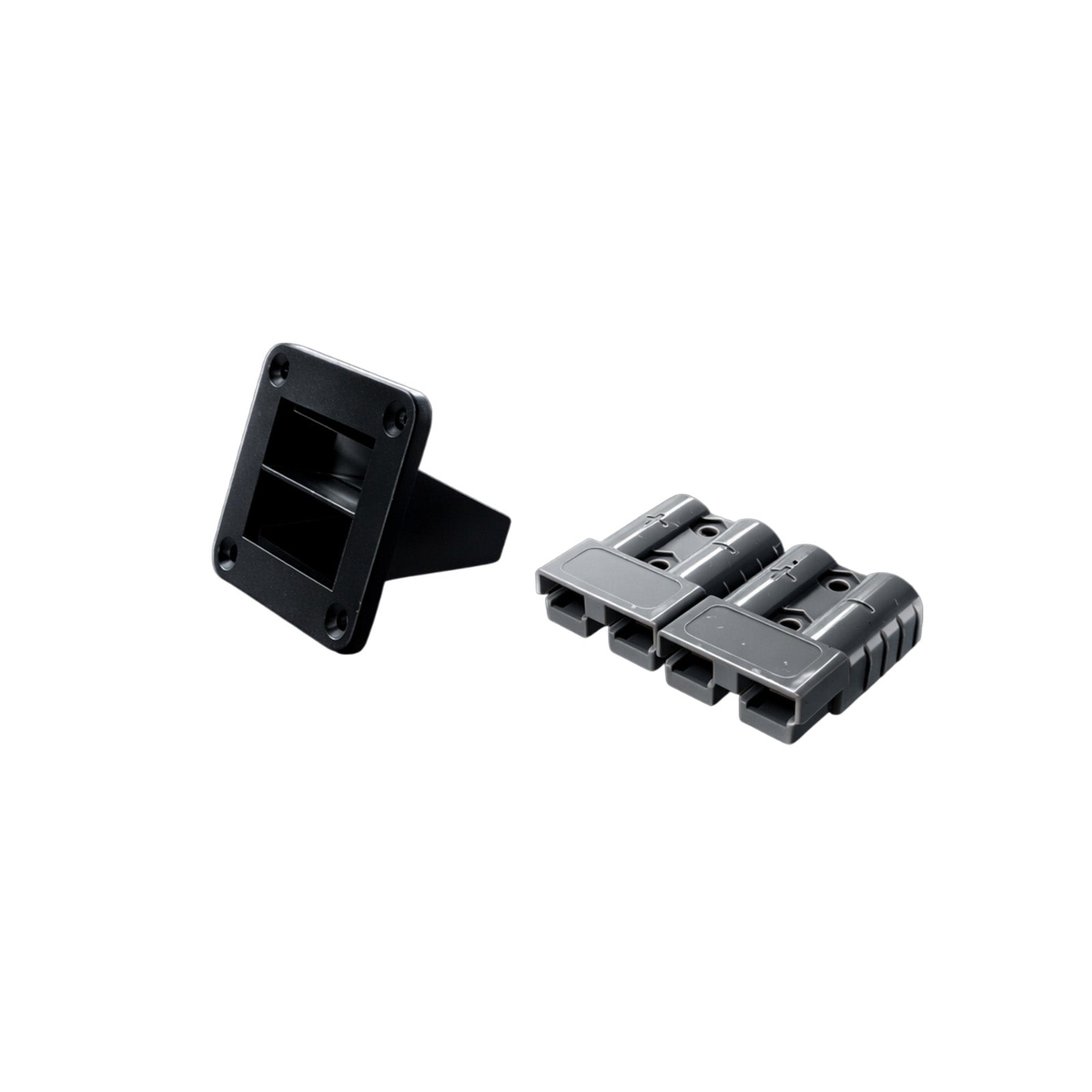 Black dual flush mount panel shown with two grey 50A Anderson plugs