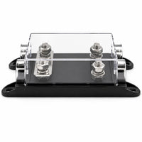 Perspective view of a dual ANL fuse holder with a clear polycarbonate protective cover