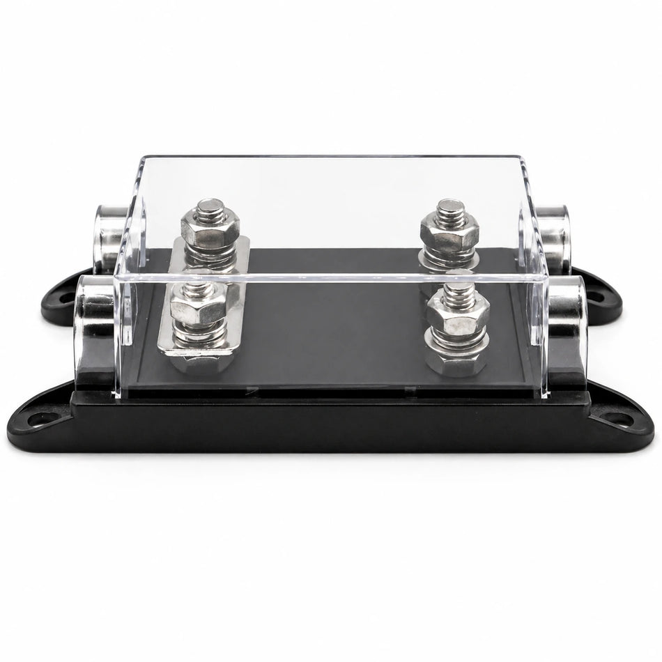 Perspective view of a dual ANL fuse holder with a clear polycarbonate protective cover