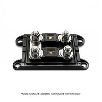 Overhead view of dual MEGA fuse holder with two fuses secured to M8 studs