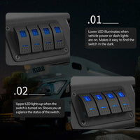 Close-up of rocker switches showing dual blue LED function for night visibility and active status indication