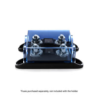 Dual fuse holder with two MEGA fuses installed under blue translucent cover