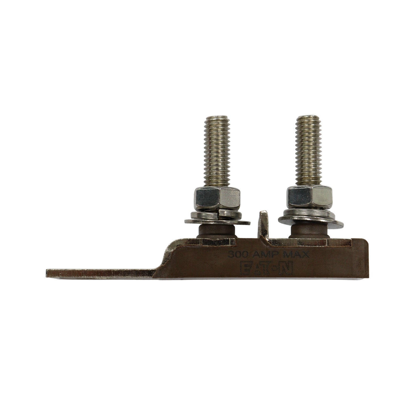 Side profile of dual terminal fuse block showing height of M8 studs and flat mounting plate