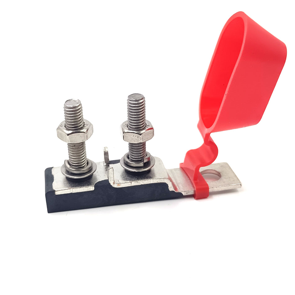 Angled view of fuse block showing dual M8 studs and flexible red insulating cap