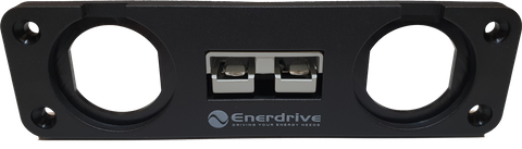 Close-up of the textured black Enerdrive Anderson plug and dual socket mounting panel