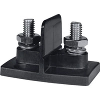Dual 5/16 inch stud power connector with central insulating barrier and black mounting base
