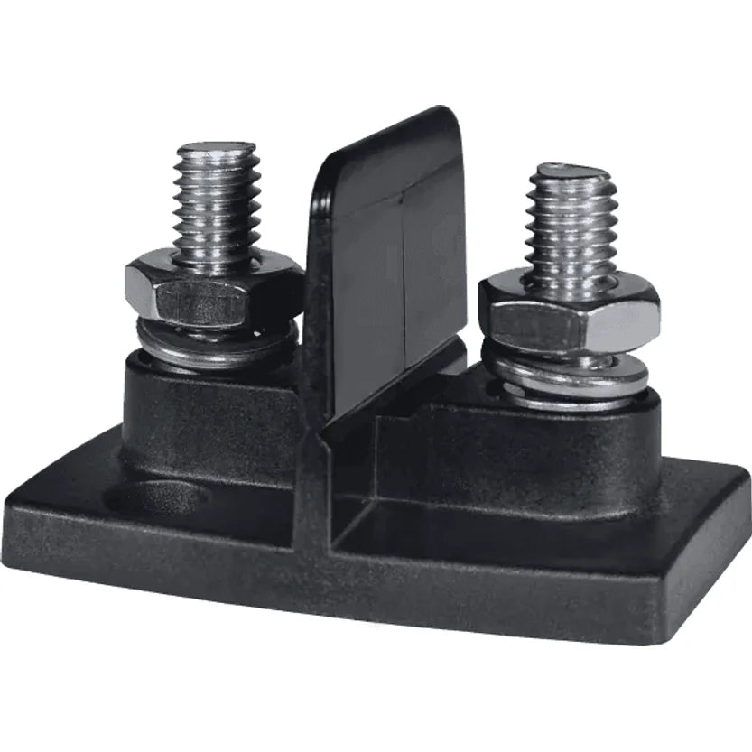 Dual 5/16 inch stud power connector with central insulating barrier and black mounting base