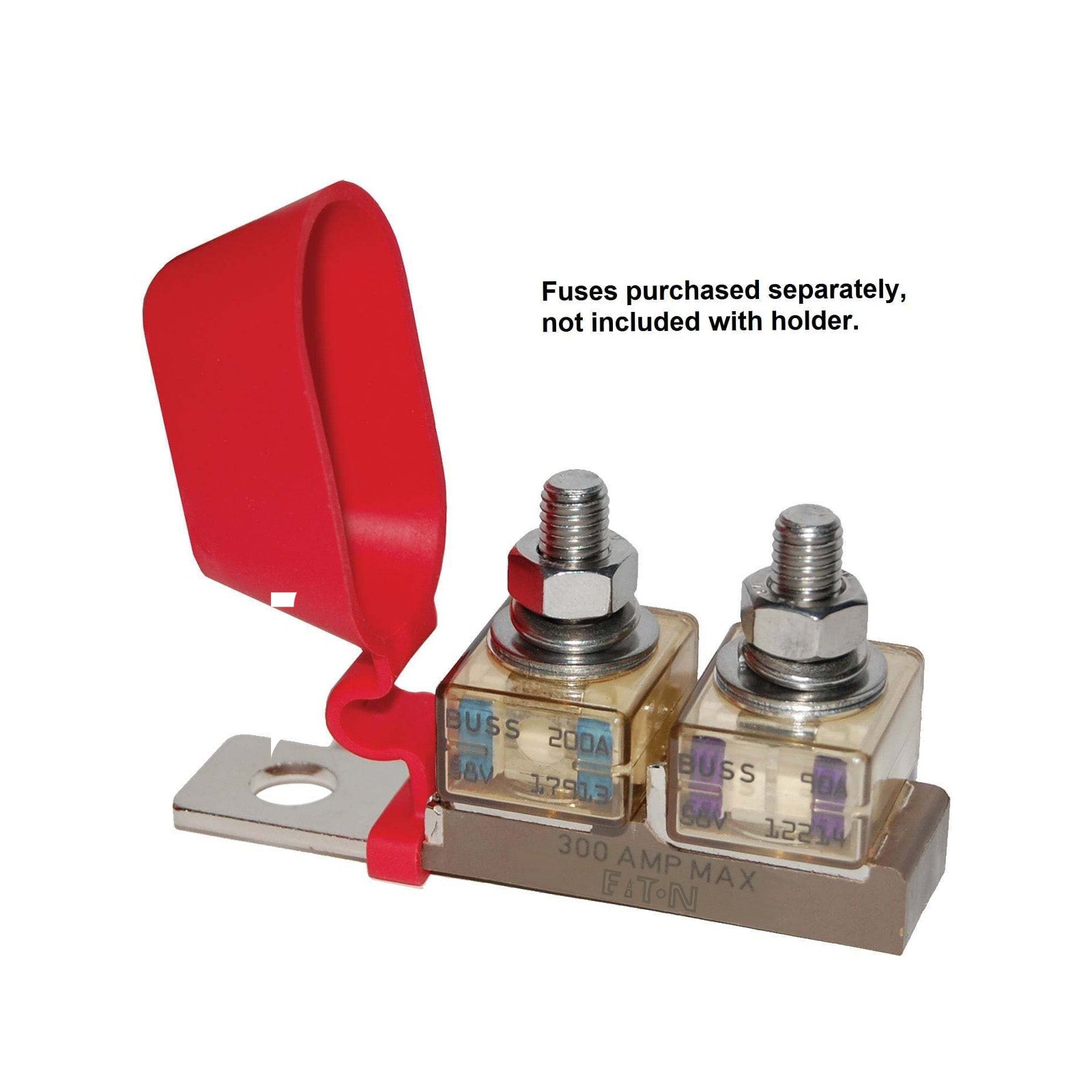 Dual MRBF fuse block shown with two fuses installed and red protective cover open