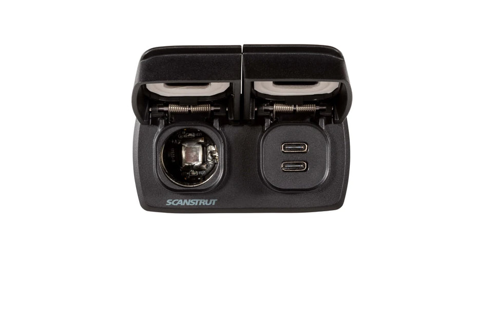 Front view of open Flip Pro Multi charging socket and 12V power outlet