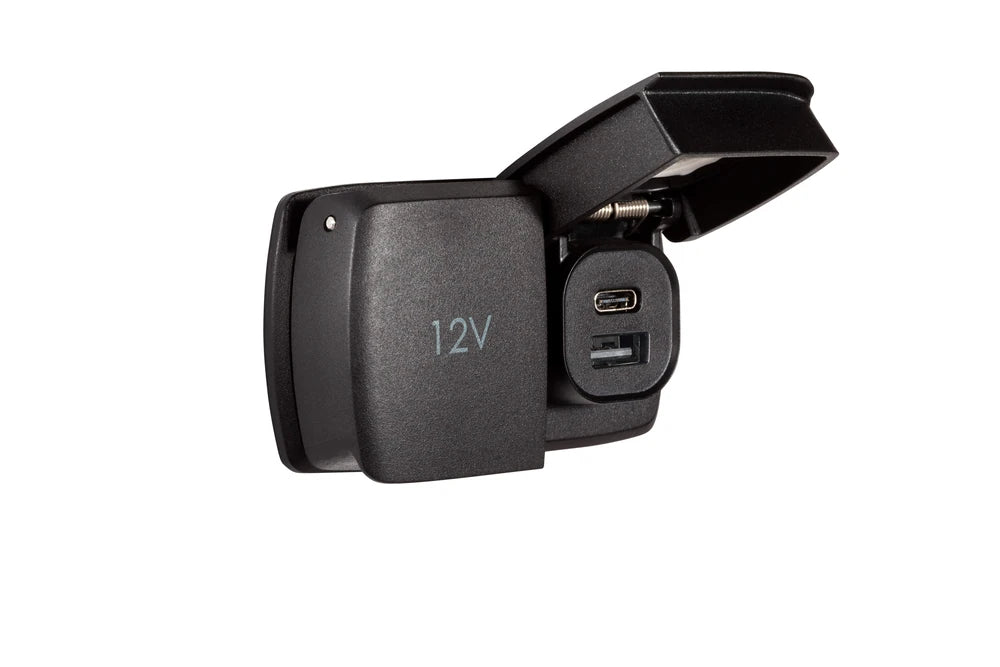 Dual power socket with 12V cover closed and USB-A and USB-C port cover open