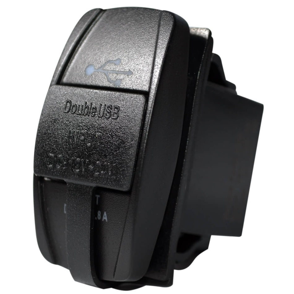 Black rocker switch style dual USB power outlet with protective flap and 4.8A output