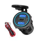 Dual USB QC3.0 and USB-C socket with blue LED ring, open cap and included 12V wiring harness with inline fuse