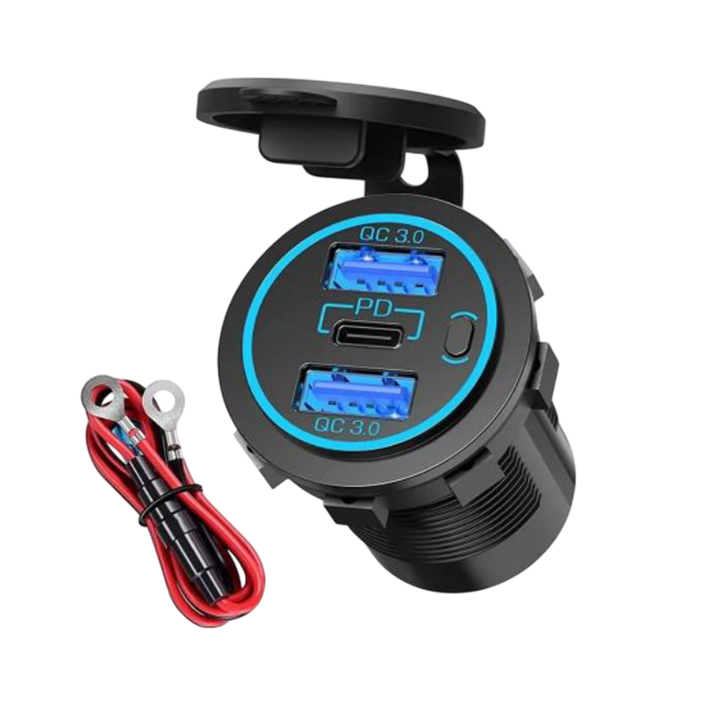 Dual USB QC3.0 and USB-C socket with blue LED ring, open cap and included 12V wiring harness with inline fuse