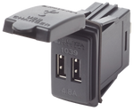 Dual USB switch-mount DC power outlet with protective dust cap open showing two USB ports
