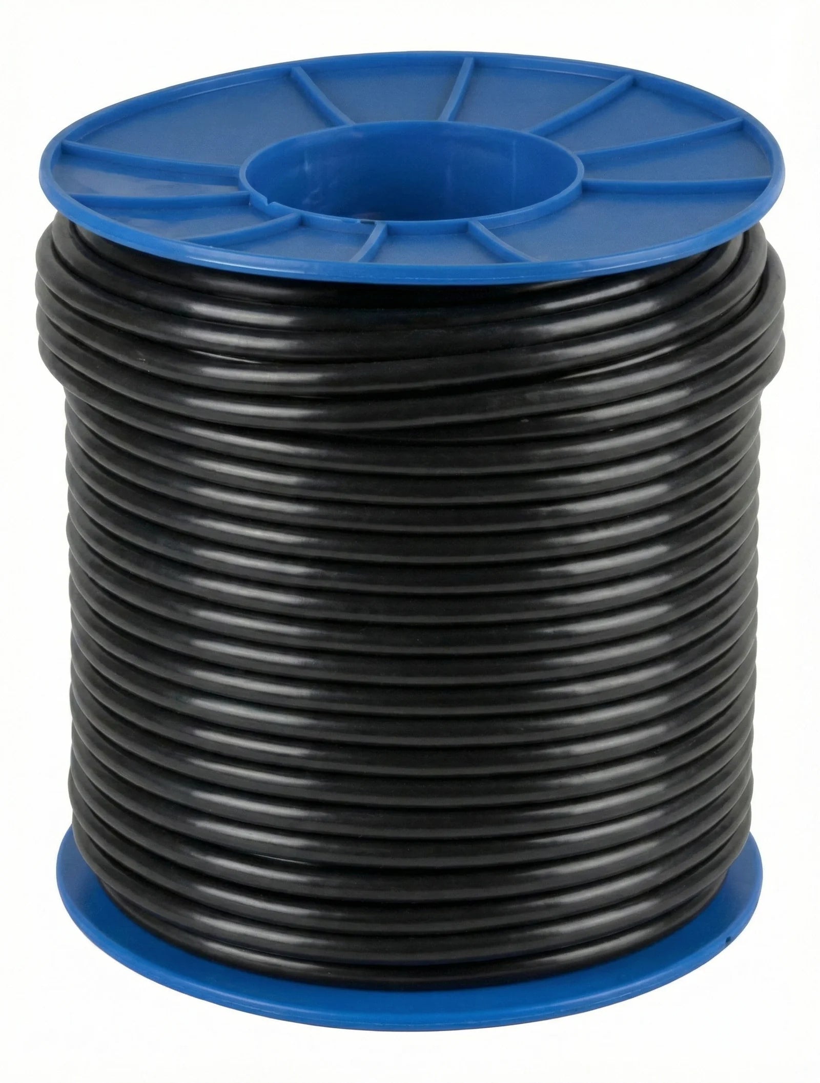 100m roll of Electra Cables 2.5mm² 2 Core + Earth black flexible mains cable on a blue plastic spool