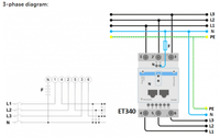 Three-phase wiring schematic for EM540 energy meter showing L1, L2, L3 and neutral line connections