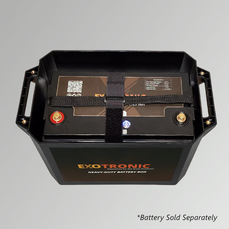 Empty battery compartment inside the box with adjustable hold-down strap