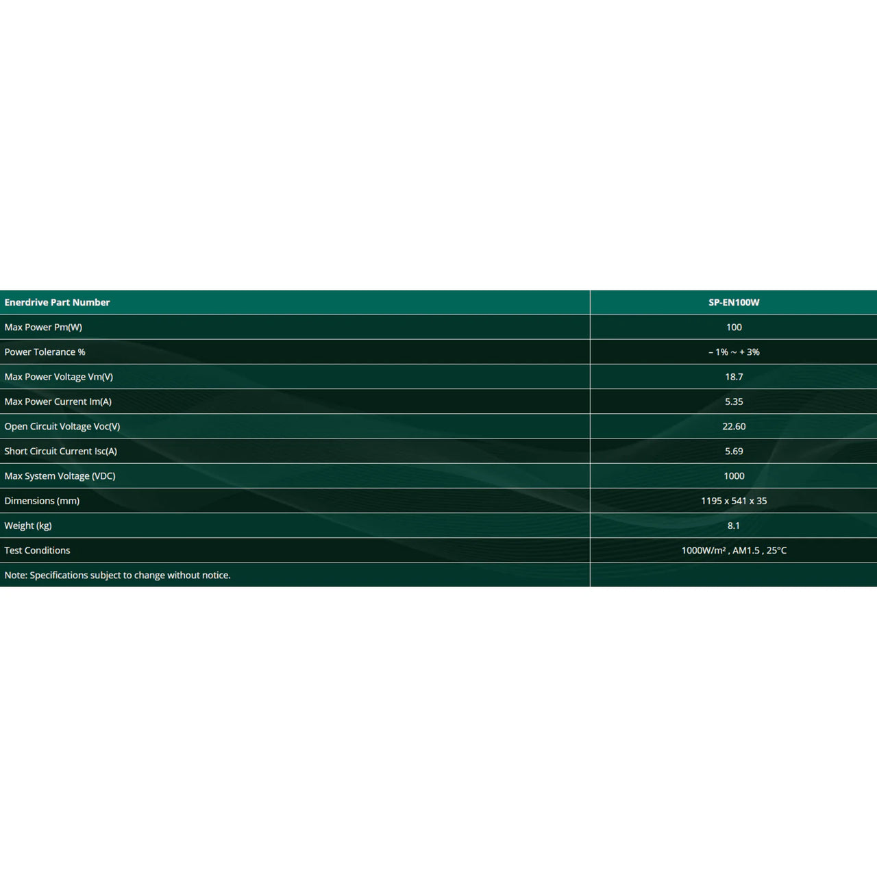 Specifications table listing power ratings, dimensions and weight for SP-EN100W solar panel