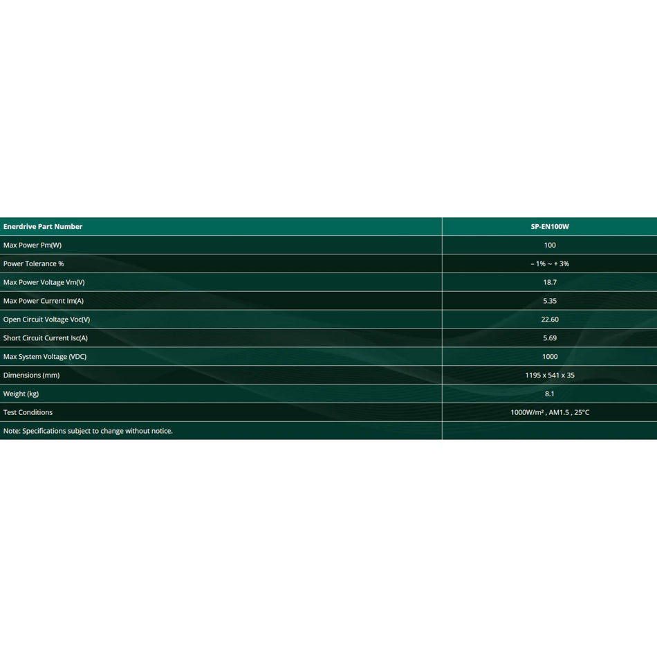 Specifications table listing power ratings, dimensions and weight for SP-EN100W solar panel