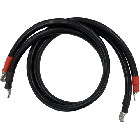 Pair of 120mm2 heavy-duty black battery cables with pre-crimped lugs and colour-coded heat shrink