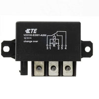 Front view of black Enerdrive 12V 150A change over relay with terminal studs and circuit diagram