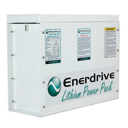 Enerdrive 12V 200Ah compact lithium battery in white enclosure with technical and safety labels