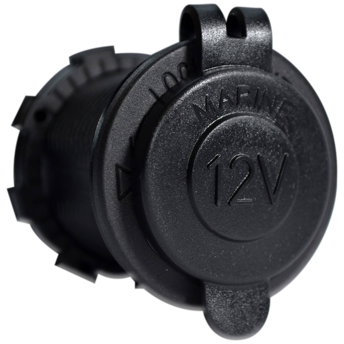 Black round 12V DC power outlet socket with protective marine-grade cap and mounting nut