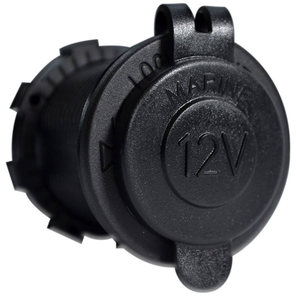 Black round 12V DC power outlet socket with protective marine-grade cap and mounting nut