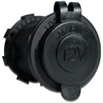 Black 12V 20A round DC power outlet socket with protective weather cap and locking nut