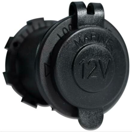 Black 12V 20A round DC power outlet socket with protective weather cap and locking nut