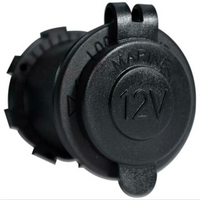 Black 12V 20A round DC power outlet socket with protective weather cap and locking nut