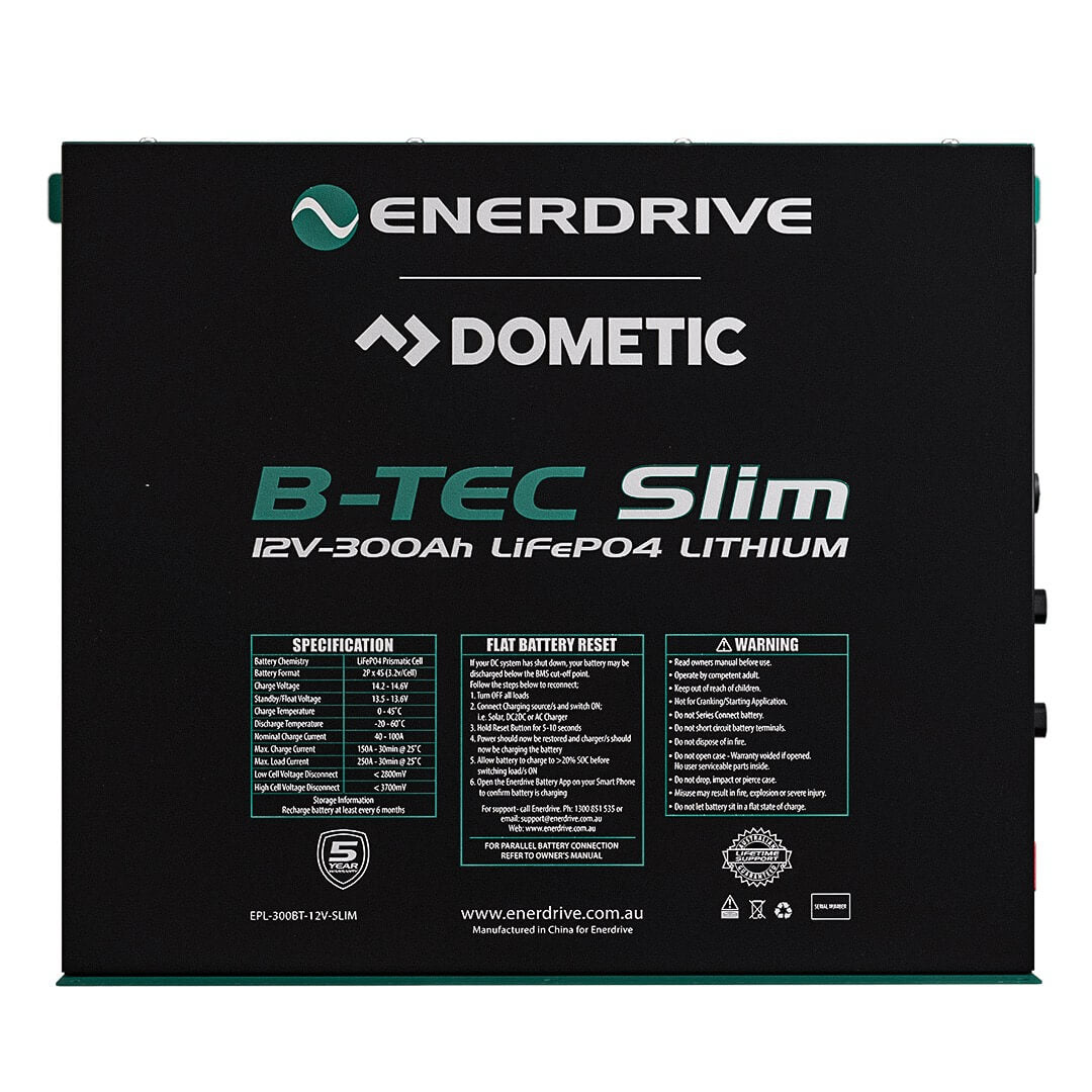 Front view of Enerdrive 12V 300Ah B-TEC Slimline battery with specifications and reset instructions