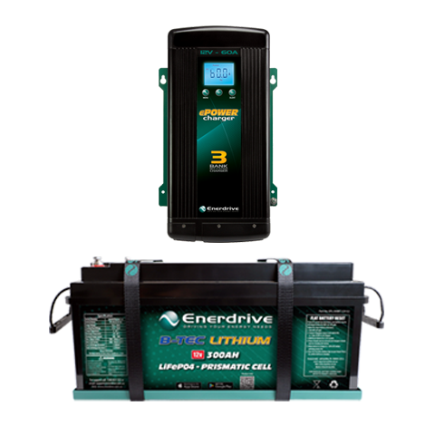 Enerdrive 12V 300Ah lithium battery in mounting tray paired with a 12V 60A 3-bank AC battery charger