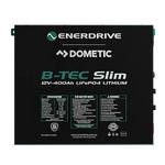 Front view of black 12V 400Ah slimline lithium battery with detailed specification and warning labels