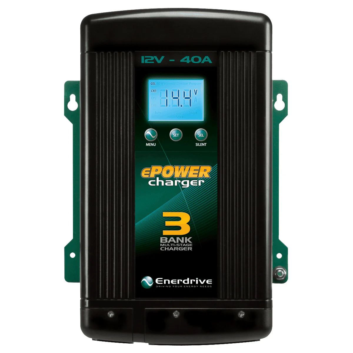Front view of 12V 40A battery charger showing LCD screen, control buttons and cooling fins