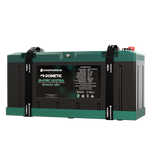 Front angle of Enerdrive 200Ah lithium battery in mounting tray with straps